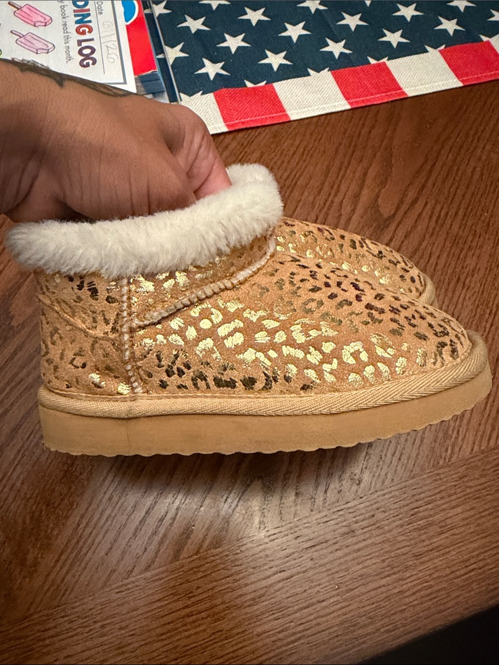 Stride Rite Girls Gold Leopard Faux Fur Cuff Slip-On Booties